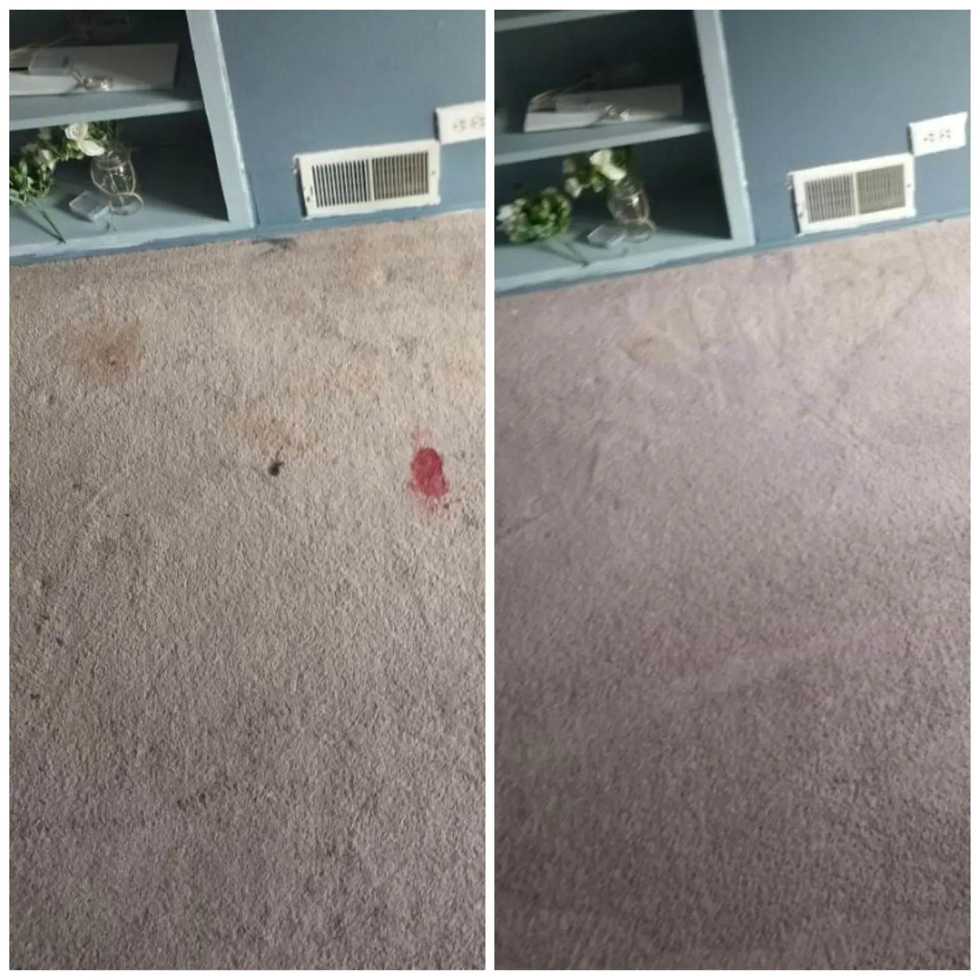 A before and after picture of a carpet with a red spot on it.