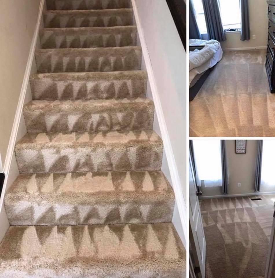 A collage of pictures of a staircase and a rug