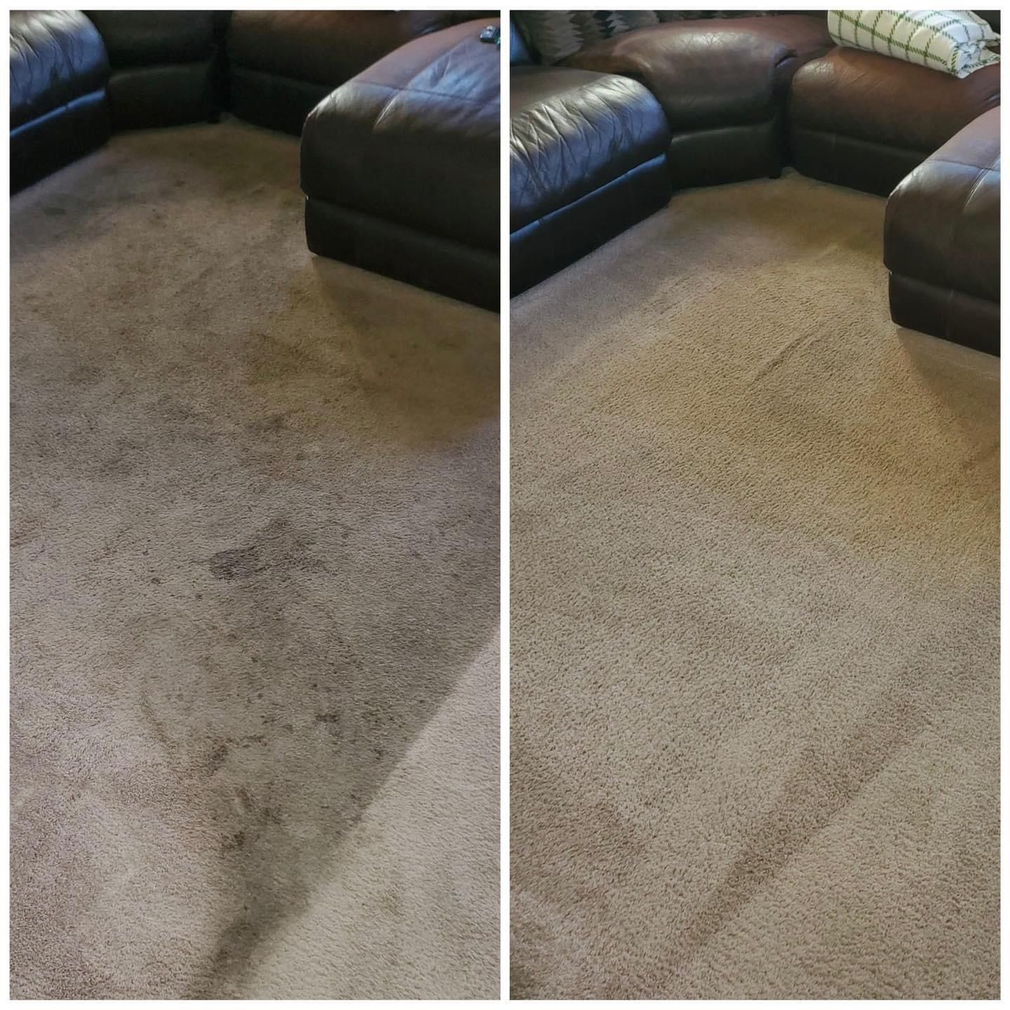 A before and after photo of a living room carpet