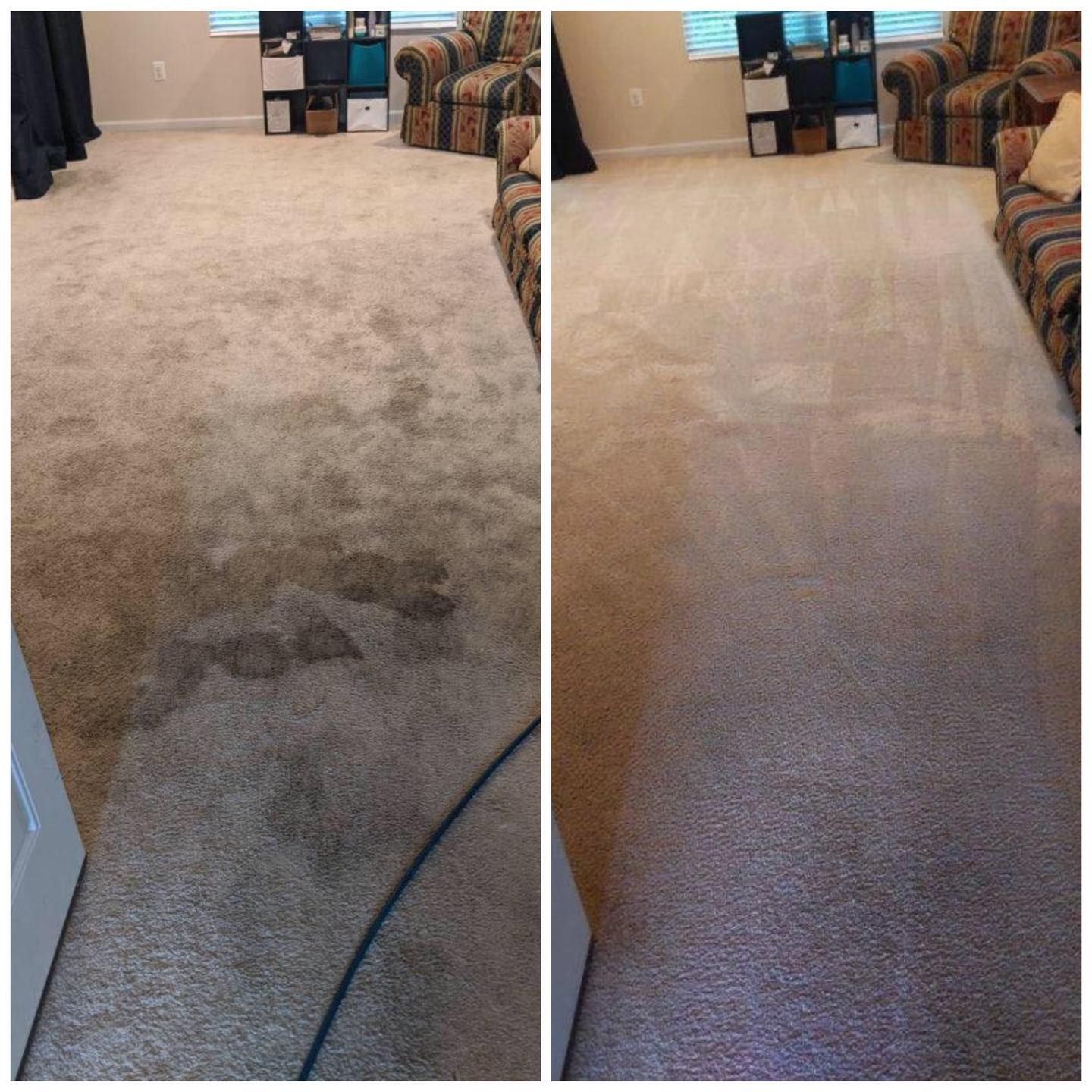 A before and after picture of a carpet in a living room