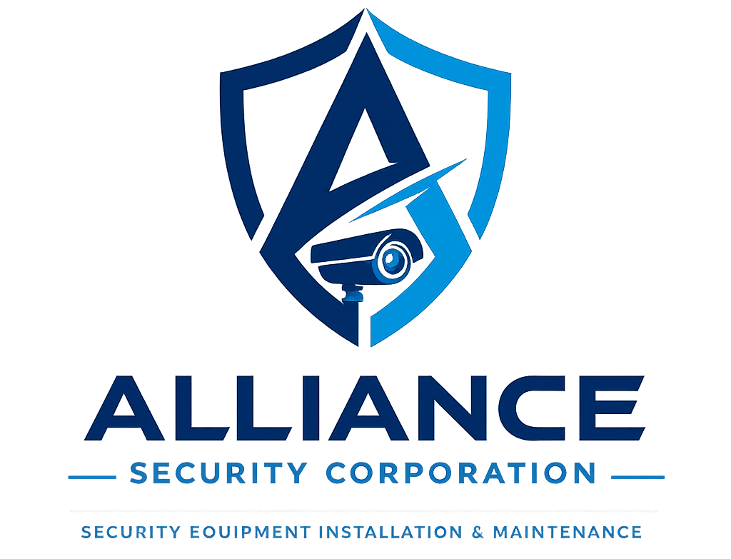 Alliance Security Corporation logo with blue shield, camera icon, and security equipment installation text