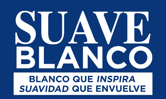 Blue logo with white text reading "SUAVE BLANCO" above the slogan "BLANCO QUE INSPIRA SUAVIDAD QUE ENVUELVE" in a white box.