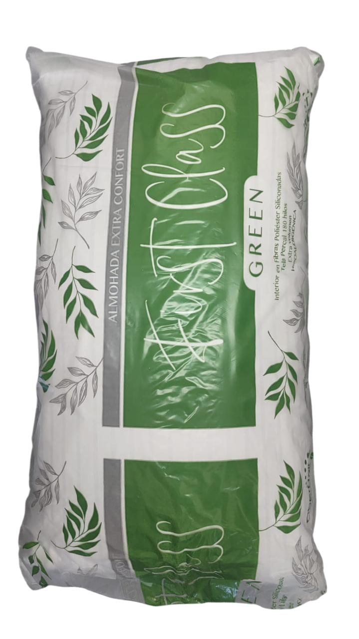Una almohada rectangular con fondo blanco, panel central verde
