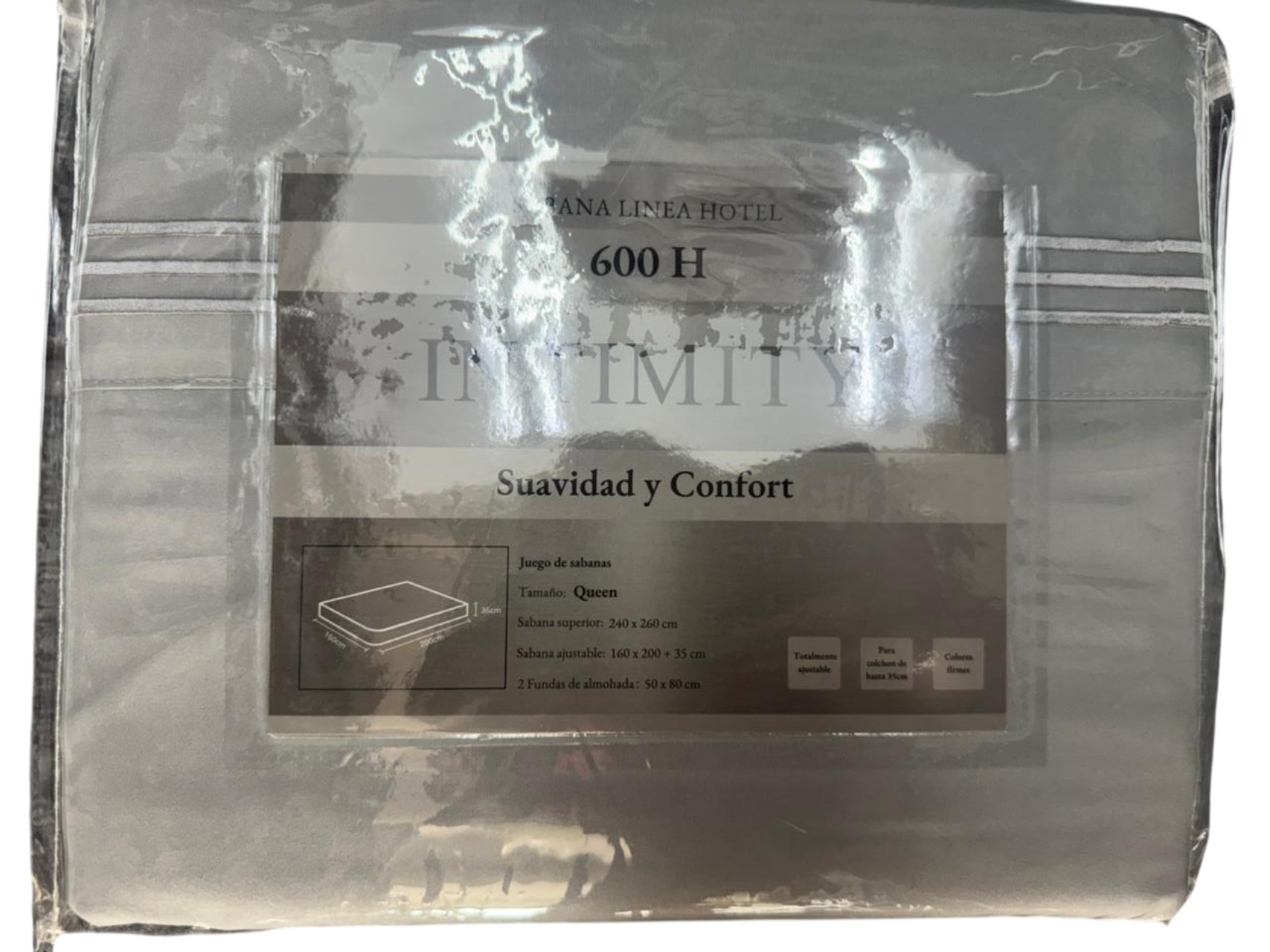 Un paquete de sábanas grises con la etiqueta 
