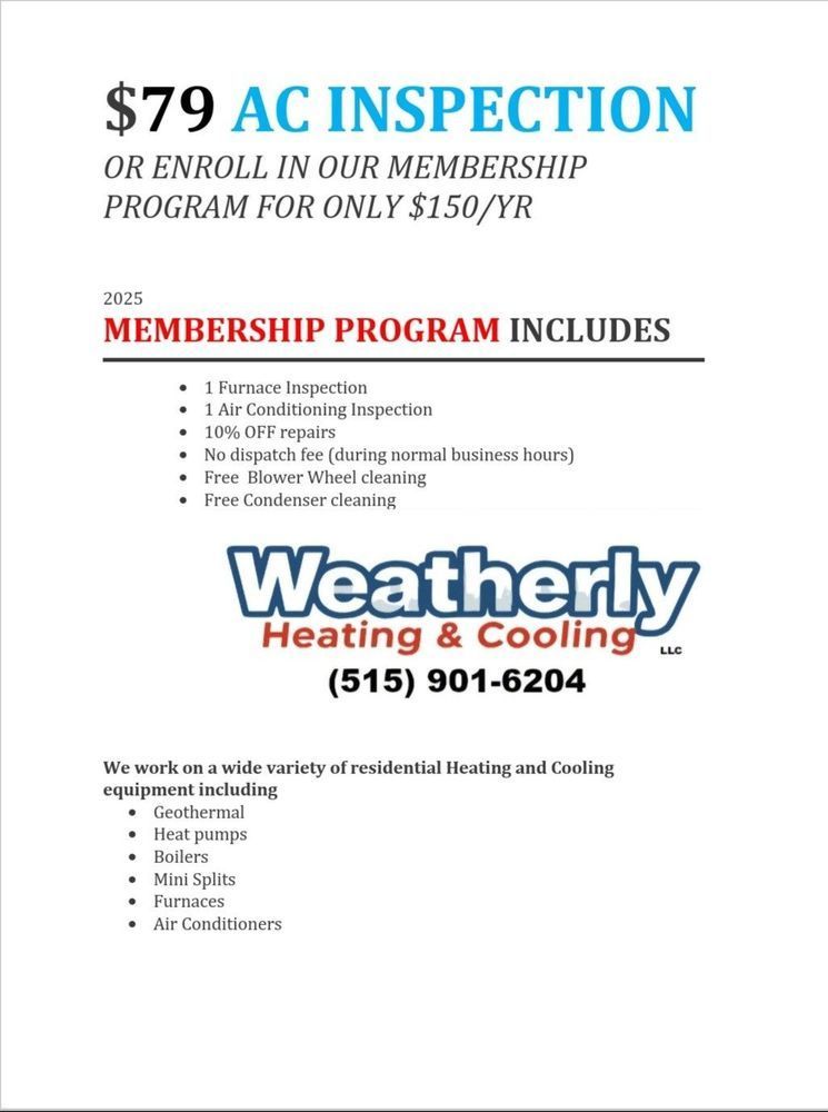Advertisement for Weatherly Heating & Cooling: $79 AC inspection or $150/year membership. Includes various services.