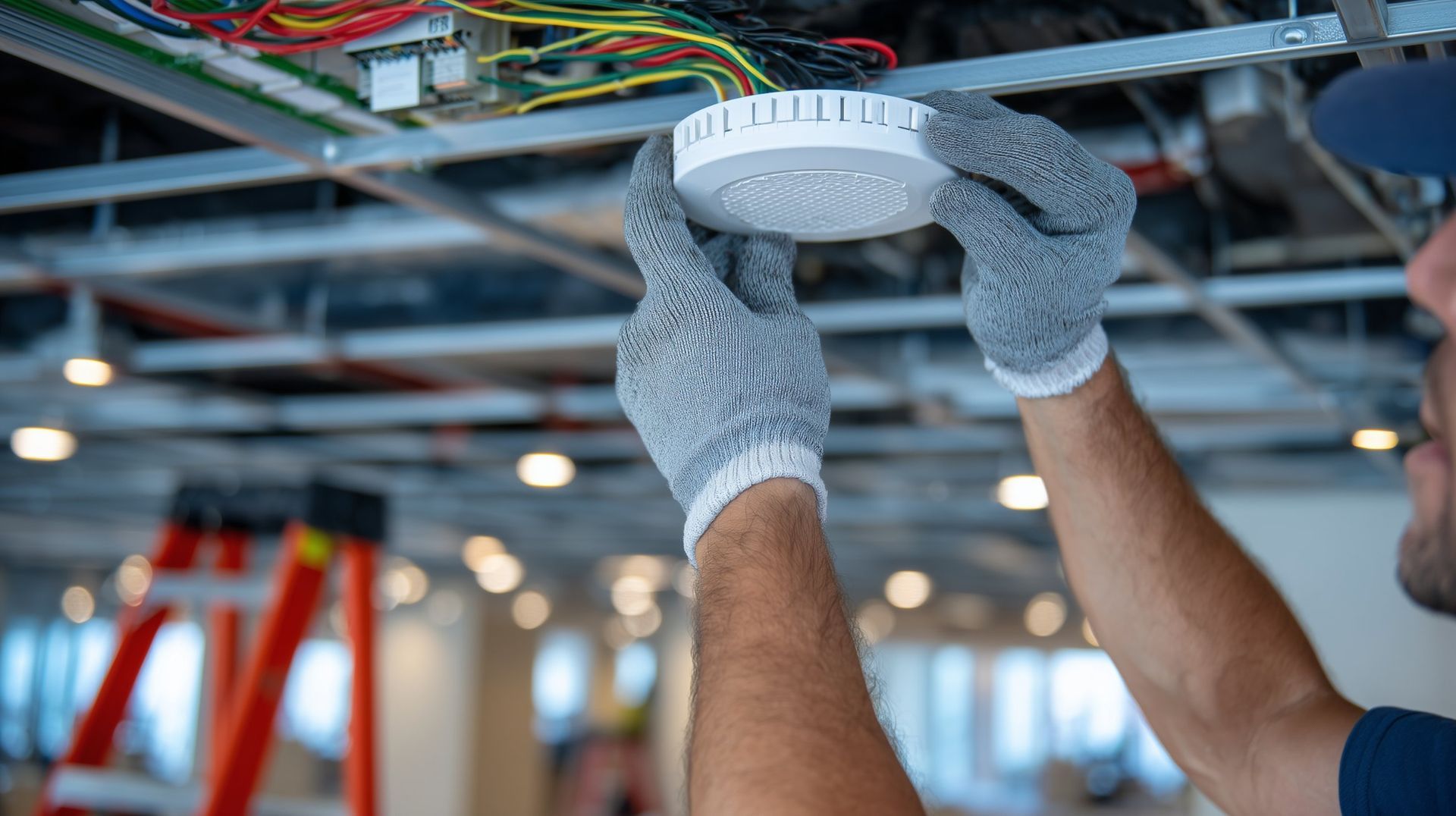 man installing electrical device on a building