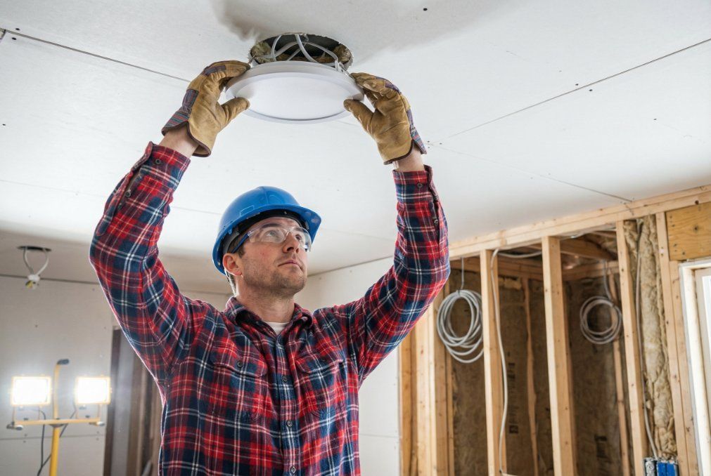 person installing light on a white room