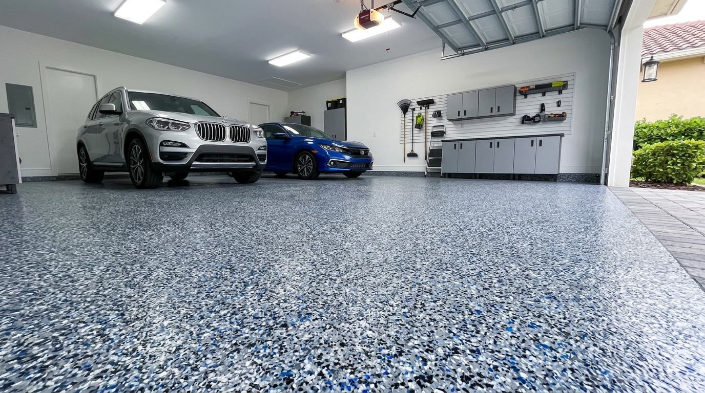 Epoxy-floored garage with a silver SUV and blue sports car parked inside