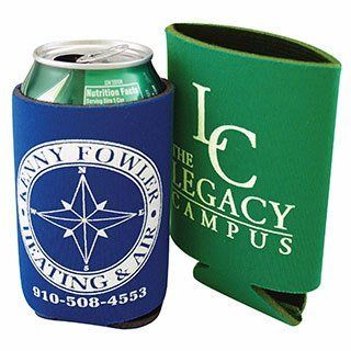 Two insulated drink holders, blue with a logo and green with text; a can in the blue holder.