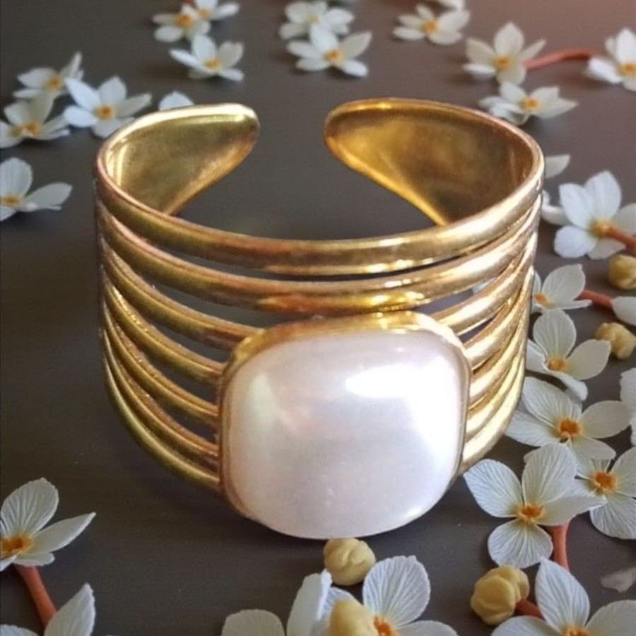 Anillo Acero Dorado Perla OAN74