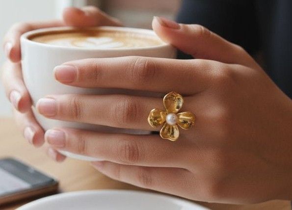 Anillo Acero Dorado Flor OAN84