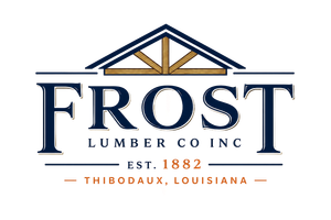 Frost Lumber Co Inc logo with blue and gold roof icon, &ldquo;Est. 1882,&rdquo; Thibodaux, Louisiana.