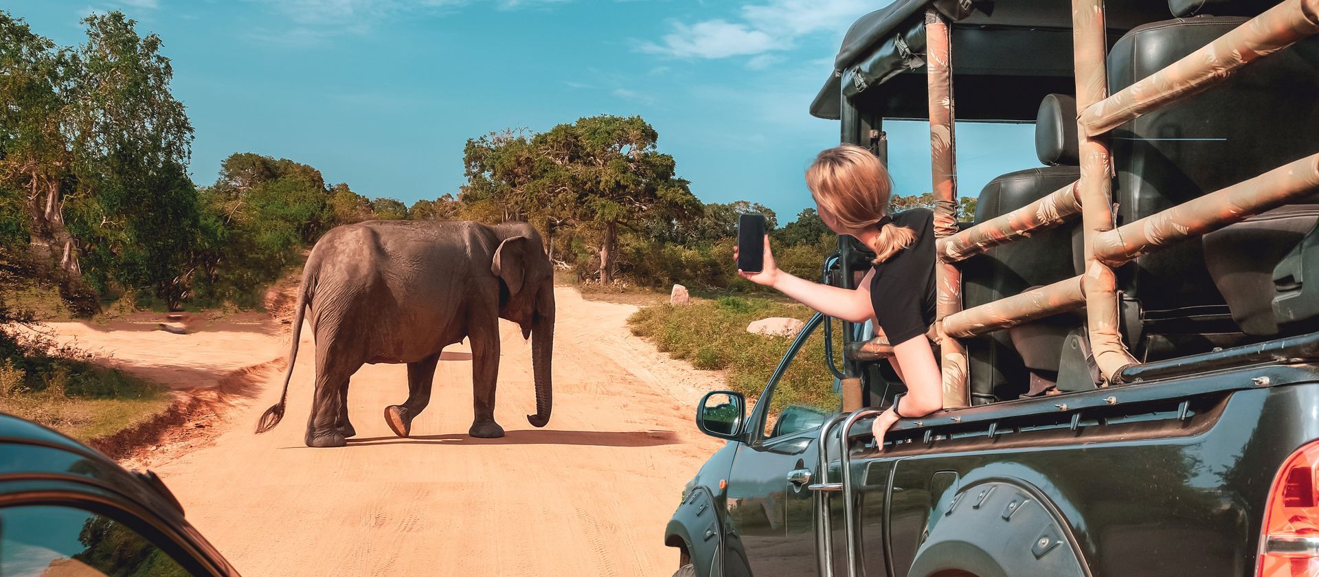 A person takes a selfie of an elephant crossing a dirt road from an open-top safari vehicle.