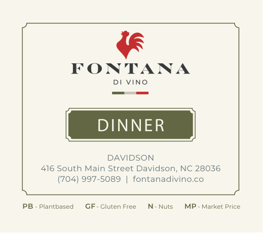 Fontana Di Vino restaurant sign: red rooster, dinner menu, address, phone number in Charlotte, NC.