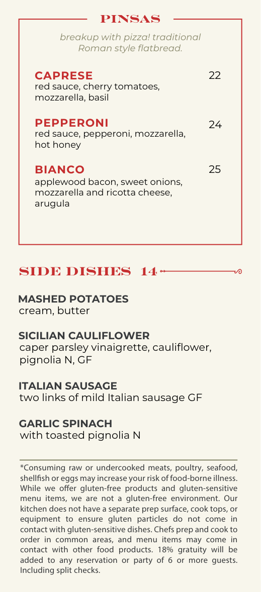 Menu with entrees, appetizers, and desserts. The text is brown on a cream-colored background.