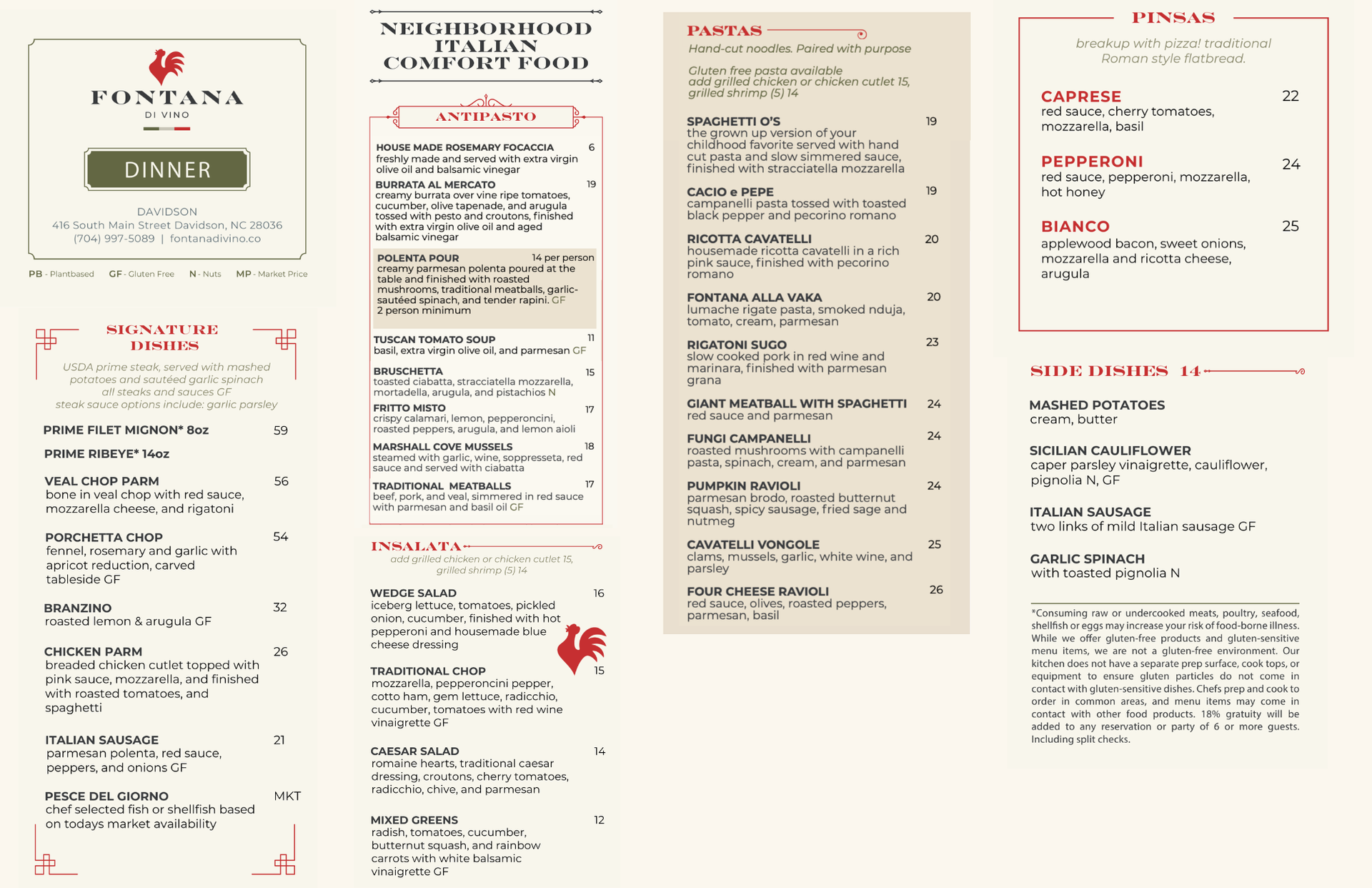 Restaurant menu, beige background with red accents, various Italian dishes listed.