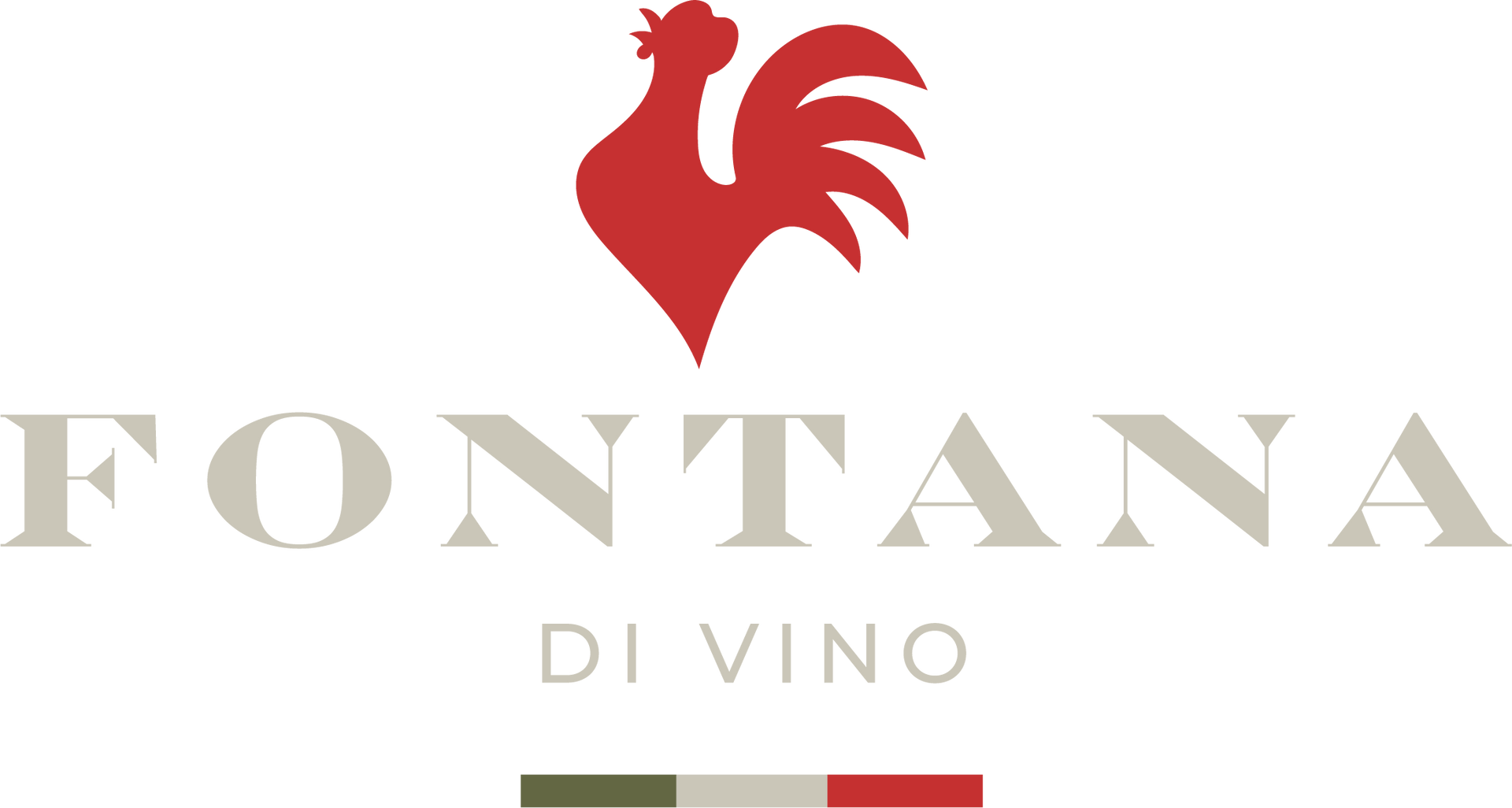 Logo for Fontana di Vino wine, red rooster over the company name, with Italian flag colors below.