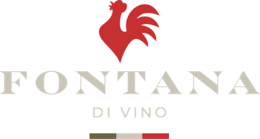 Logo for Fontana di Vino wine, red rooster over the company name, with Italian flag colors below.