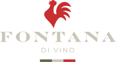 Logo for Fontana di Vino wine, red rooster over the company name, with Italian flag colors below.