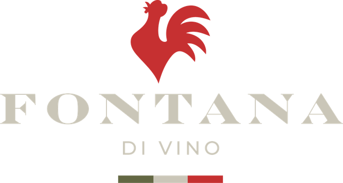 Logo for Fontana di Vino wine, red rooster over the company name, with Italian flag colors below.