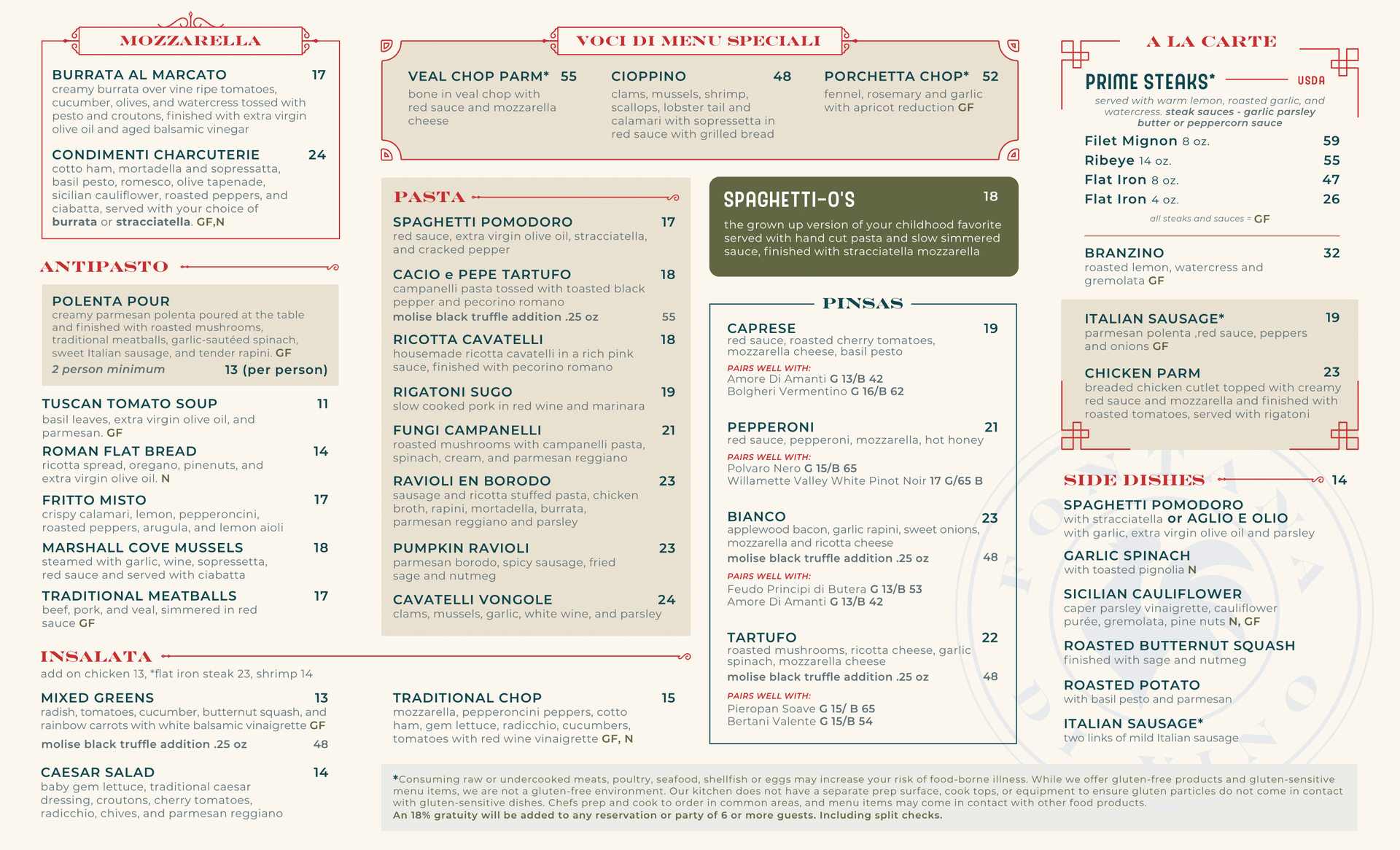 Restaurant menu, beige background with red accents, various Italian dishes listed.