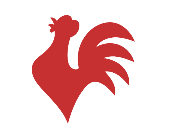 Red rooster silhouette on white background.