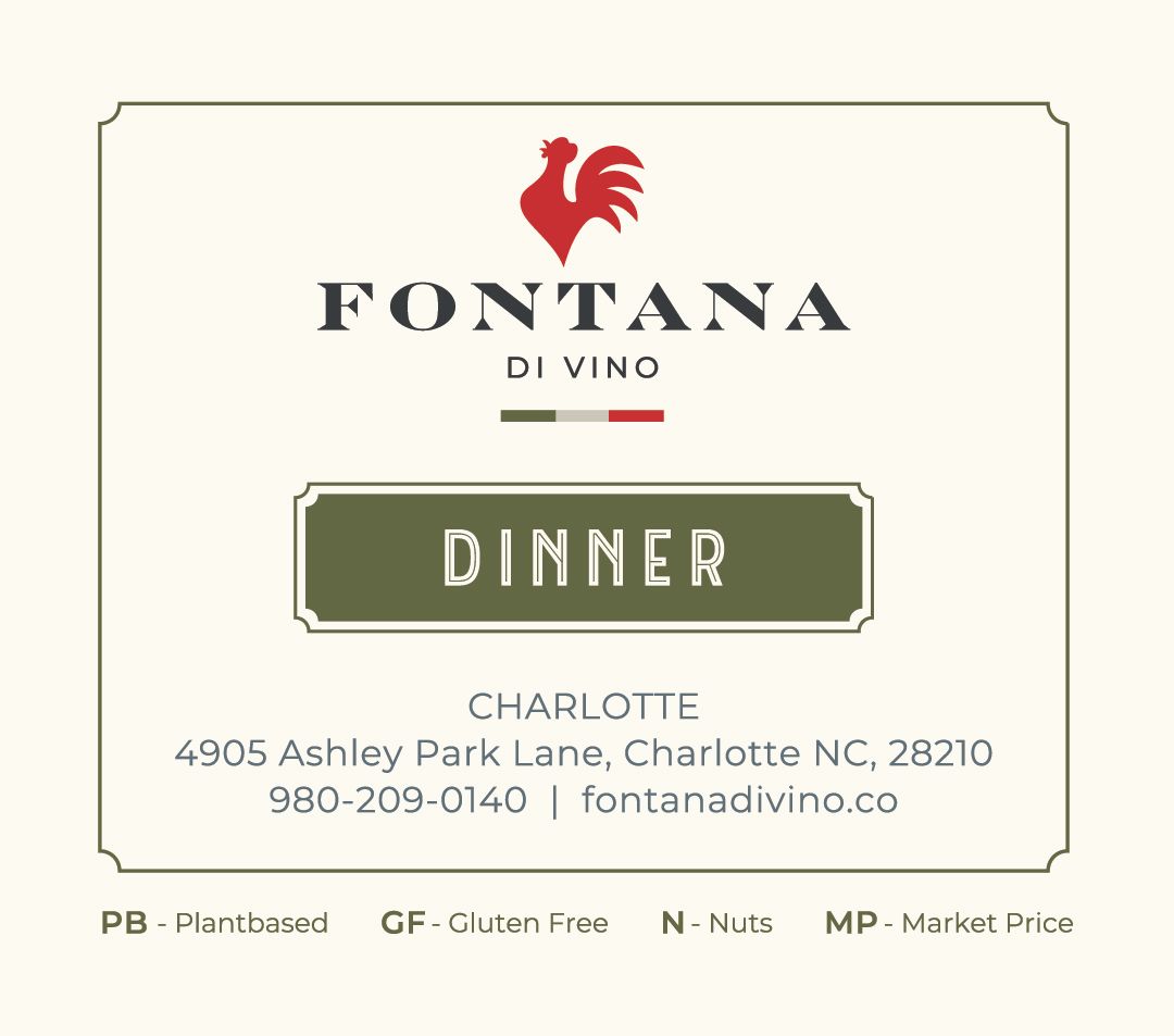 Fontana Di Vino restaurant sign: red rooster, dinner menu, address, phone number in Charlotte, NC.