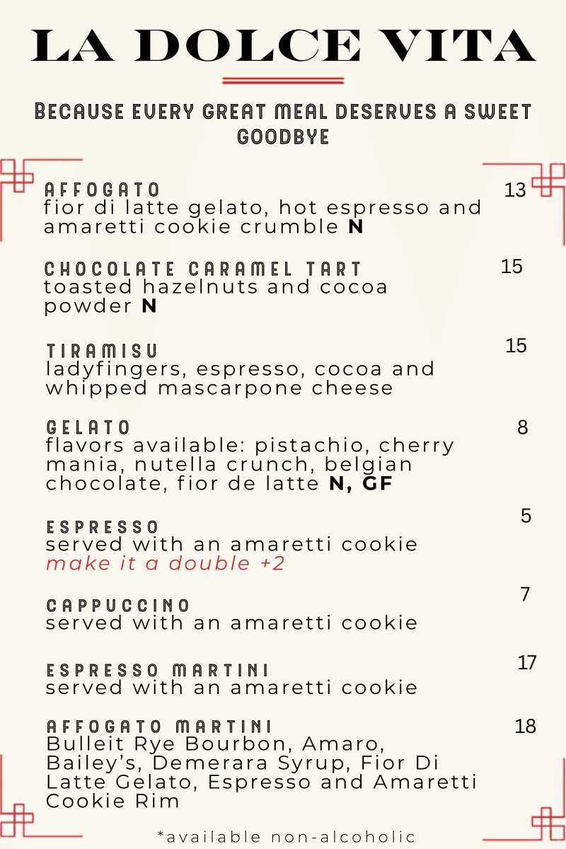 Menu displaying various drinks and food options.