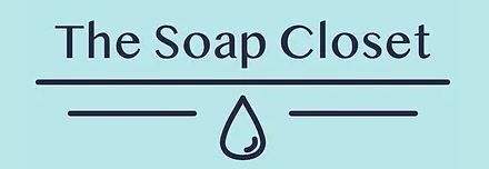A logo for the soap closet with a drop of soap on a blue background.