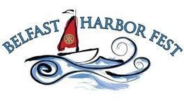 A logo for the belfast harbor fest with a sailboat in the water.