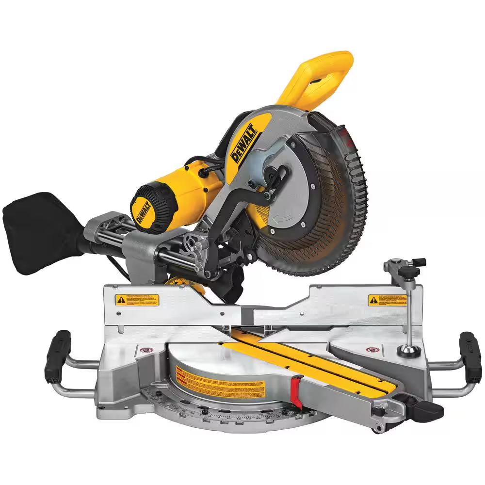 A dewalt circular saw is sitting on a white surface.