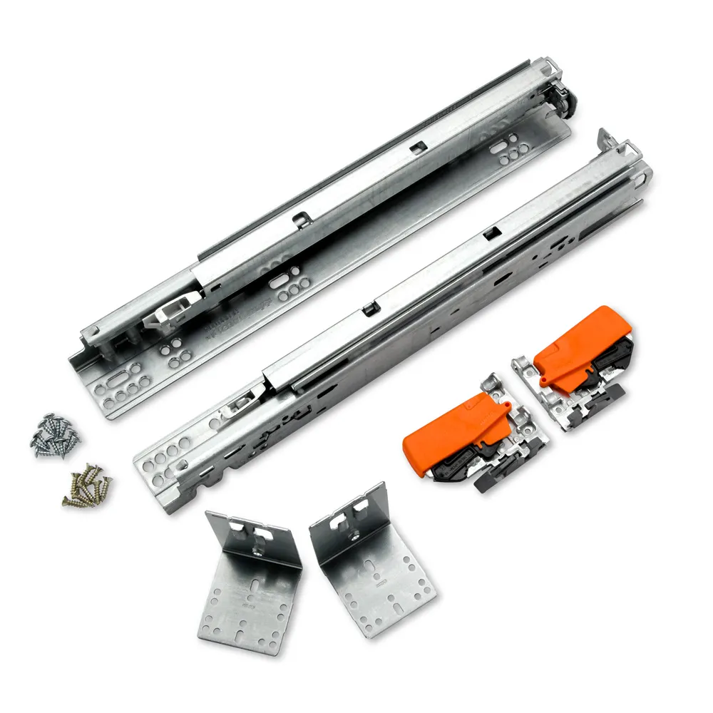 A set of drawer slides with brackets and screws on a white background.