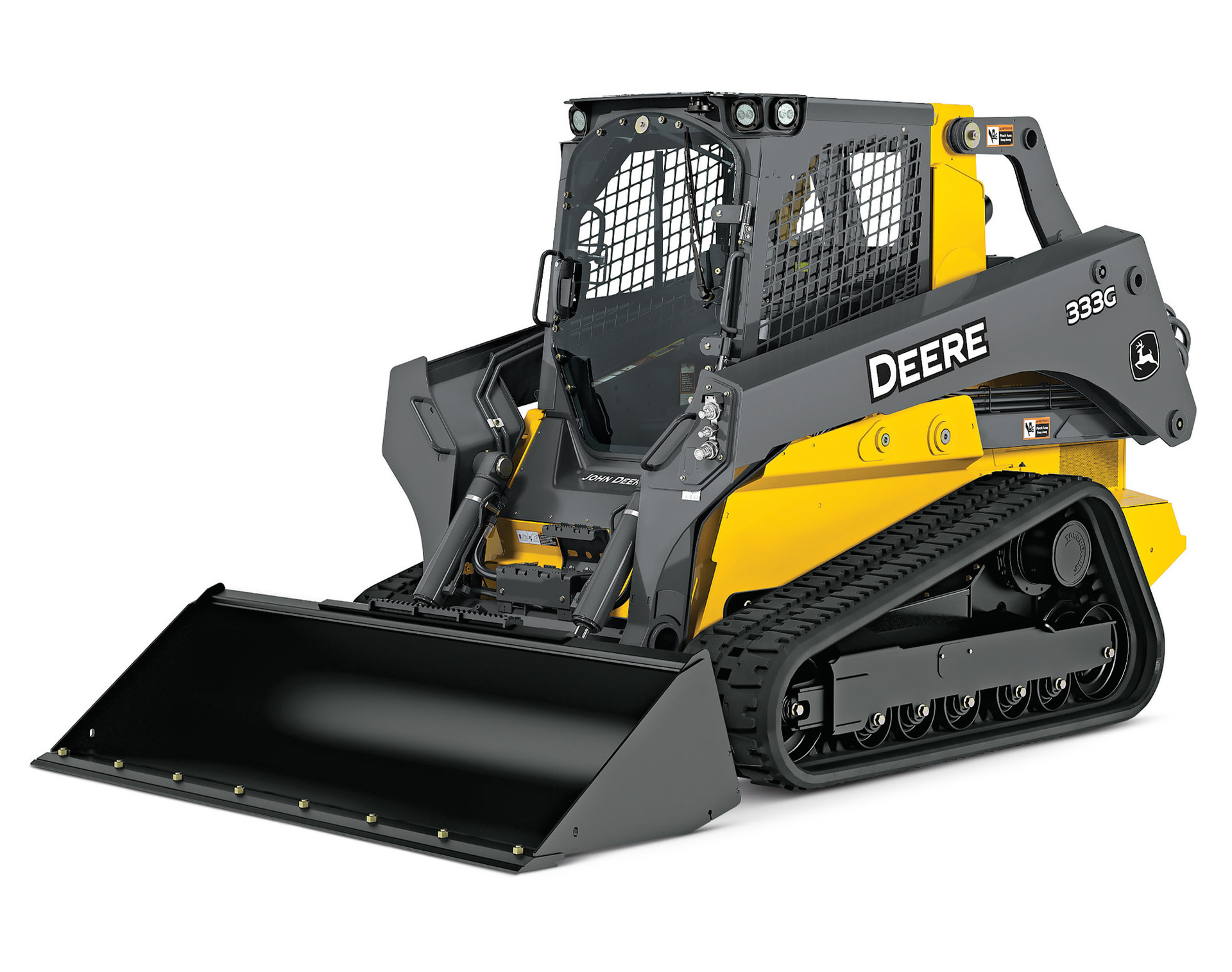 A yellow and black deere skid steer loader with a bucket on a white background.