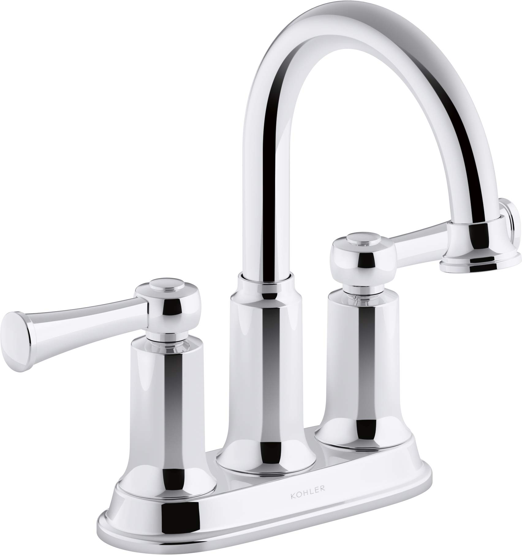 A chrome sink faucet with three handles on a white background