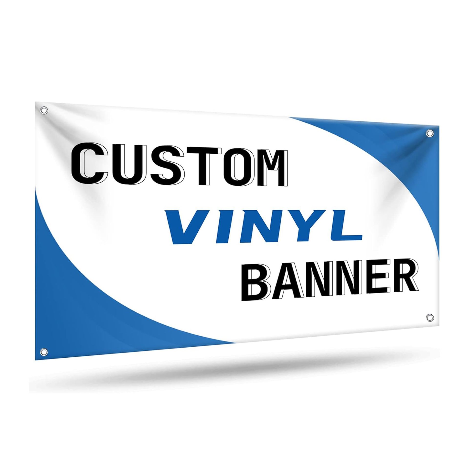 A blue and white custom vinyl banner on a white background.