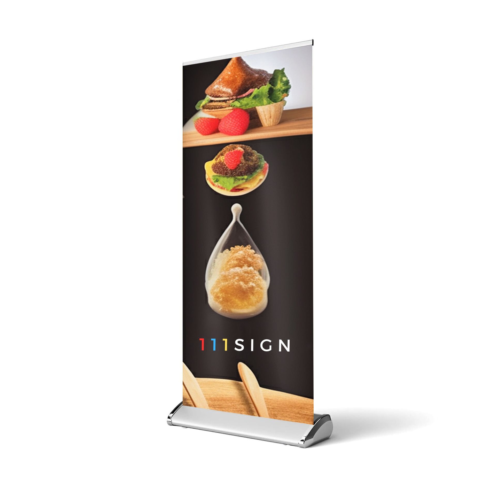 A roll up banner with a picture of food on it.