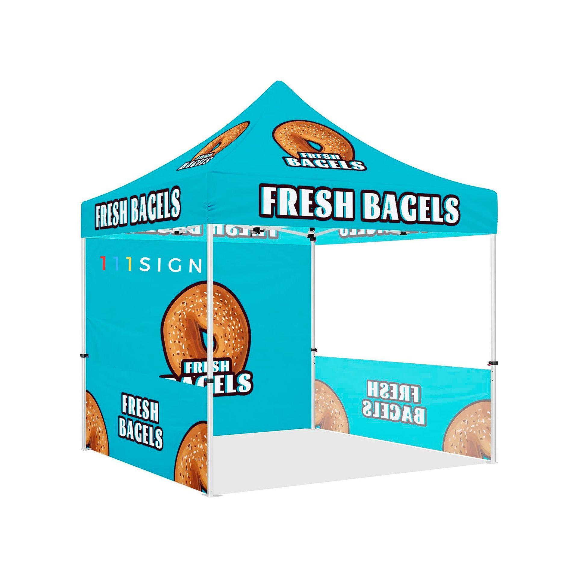 A blue tent with fresh bagels on it
