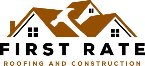 A logo for a company called first rate roofing and construction.