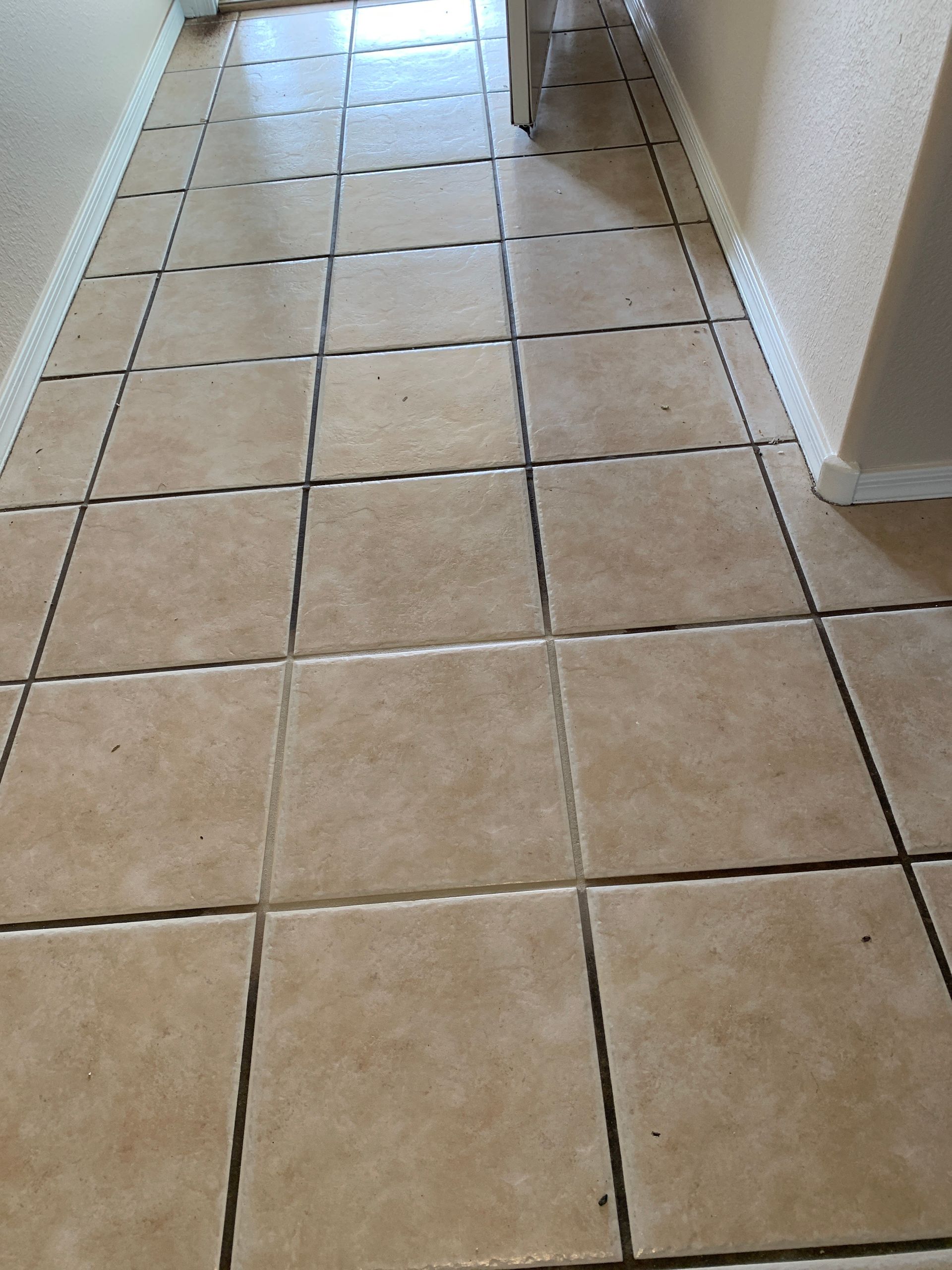 A tiled floor in a hallway with a white trim.