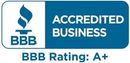 A blue sign that says accredited business bbb rating a+