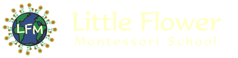 The logo for little flower montessori school shows a globe surrounded by flowers.