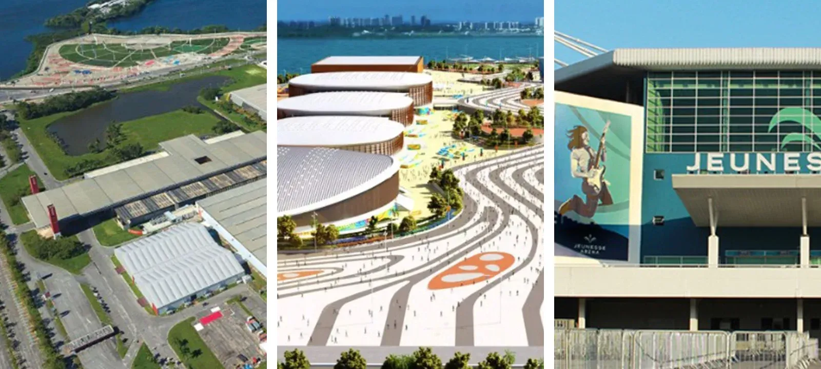 Uma visão em três partes de um complexo urbano de esportes e eventos, incluindo vistas aéreas, de projeto arquitetônico e da entrada do estádio.