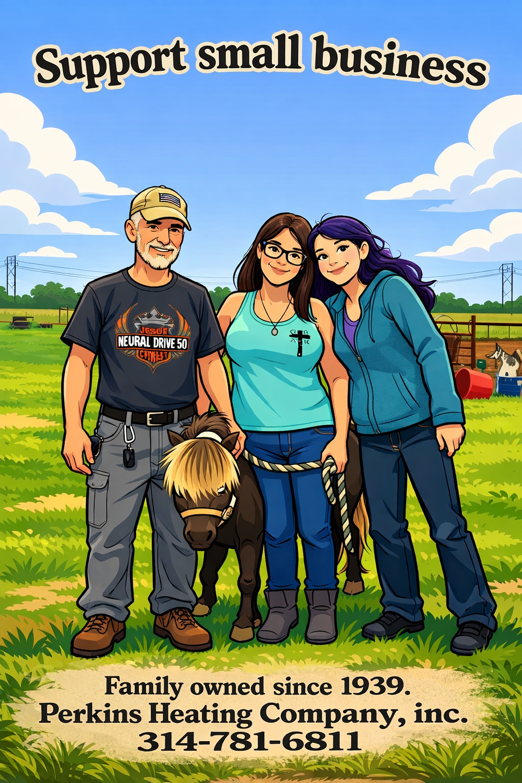 Three people and a small pony stand in a grassy field in this promotional graphic for Perkins Heating Company, Inc.