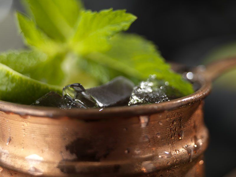 A close up of a copper cup filled with ice and mint leaves.