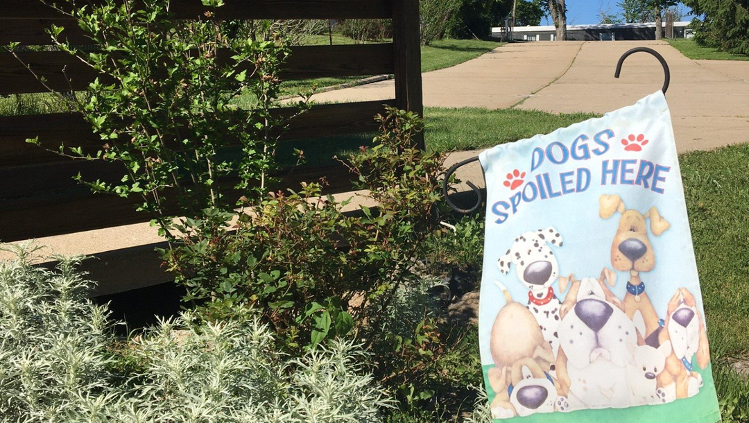 Dogs spoiled here sign in front of Almost Home Pet Resort
