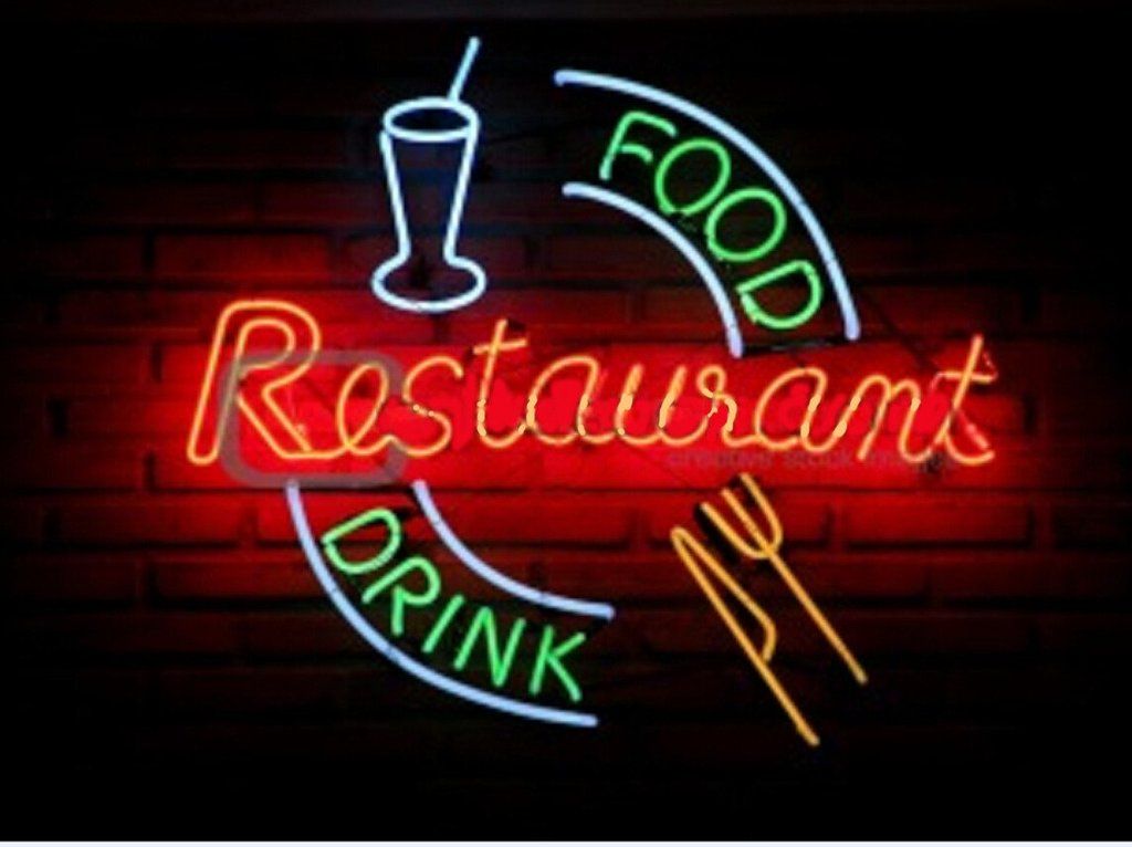a neon sign that says restaurant drink and food