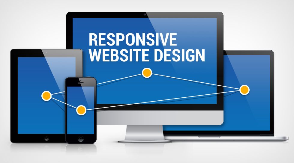 a computer , tablet , phone and laptop are shown with the words responsive website design on the screens .