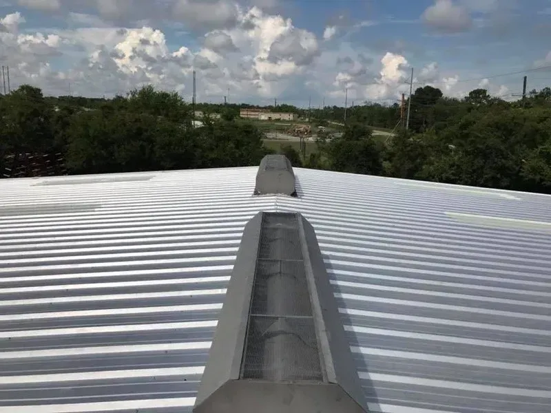 Metal roof with long vents, trees, and sky.