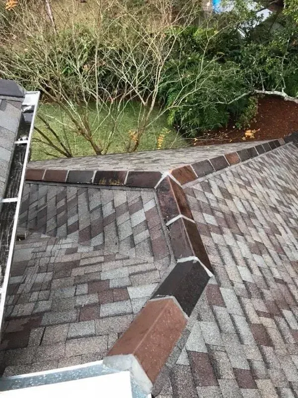 Overhead view of a roof with brown shingles and dark brown flashing, with trees in the background.