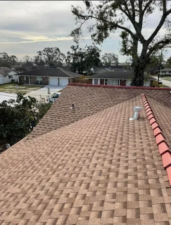 A brown shingle roof with a red border, overlooking a neighborhood with trees and houses under a cloudy sky.